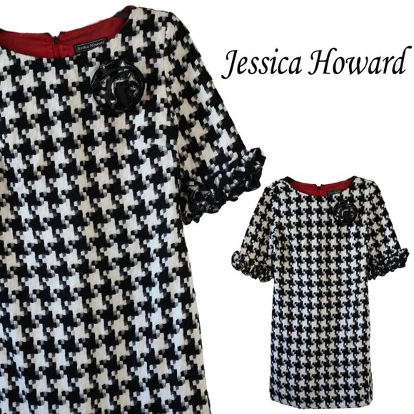Jessica Howard, Tweed Houndstooth Ruffle Sleeve Dress, Black, White - Picture 1 of 7